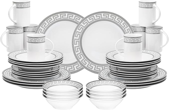 40 Piece Porcelain Dinnerware Sets for 8 – With Plates, Mugs, Bowls – White with Silver Greek Key Design Dish Set for Kitchen Table, Everyday Dining or Formal Occasions (Meander Silver)