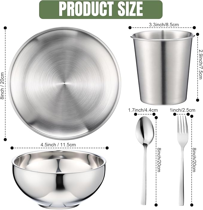 Jinei 30 Pcs 304 Stainless Steel Dinner Set Stainless Steel Plates and Bowls Include Plates Bowls Cups Forks Spoons Utensil Reusable Metal Camping Dinnerware Tableware for Home Picnic Kitchen(Silver)