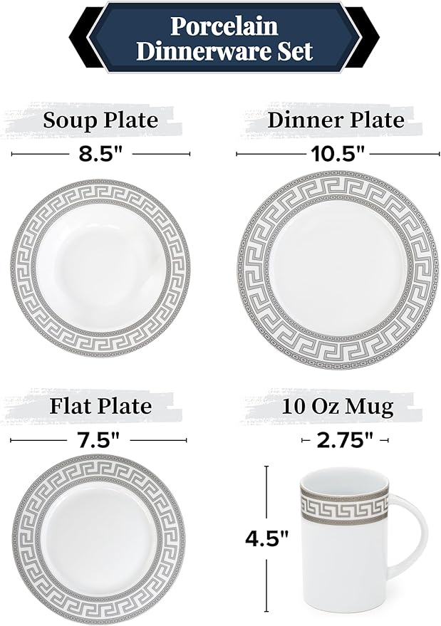 40 Piece Porcelain Dinnerware Sets for 8 – With Plates, Mugs, Bowls – White with Silver Greek Key Design Dish Set for Kitchen Table, Everyday Dining or Formal Occasions (Meander Silver)
