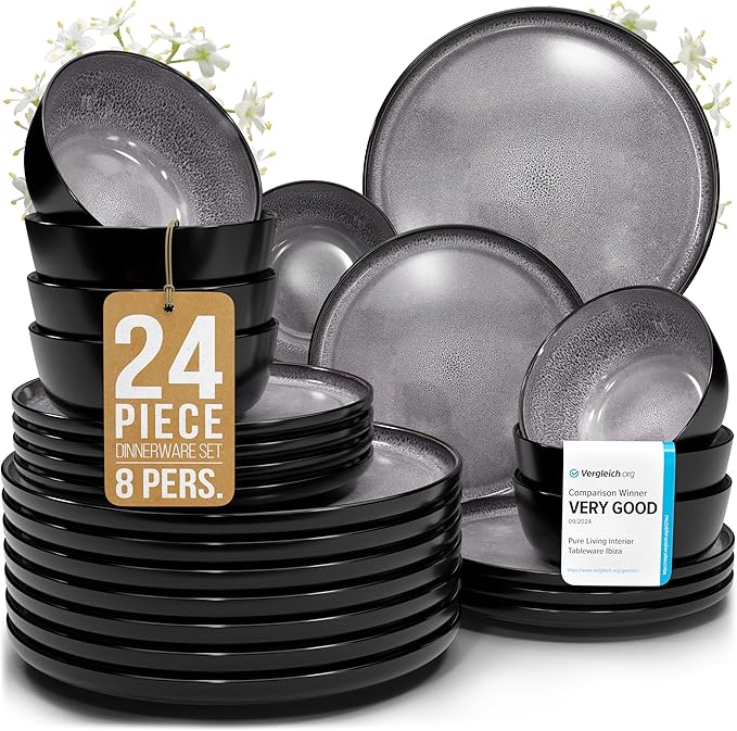 Stoneware dinnerware set 8 persons 24 pcs - Dishwasher, microwave and scratch resistant - Bowl and plate set 8 persons modern - Dinner service Pure Living black in gray